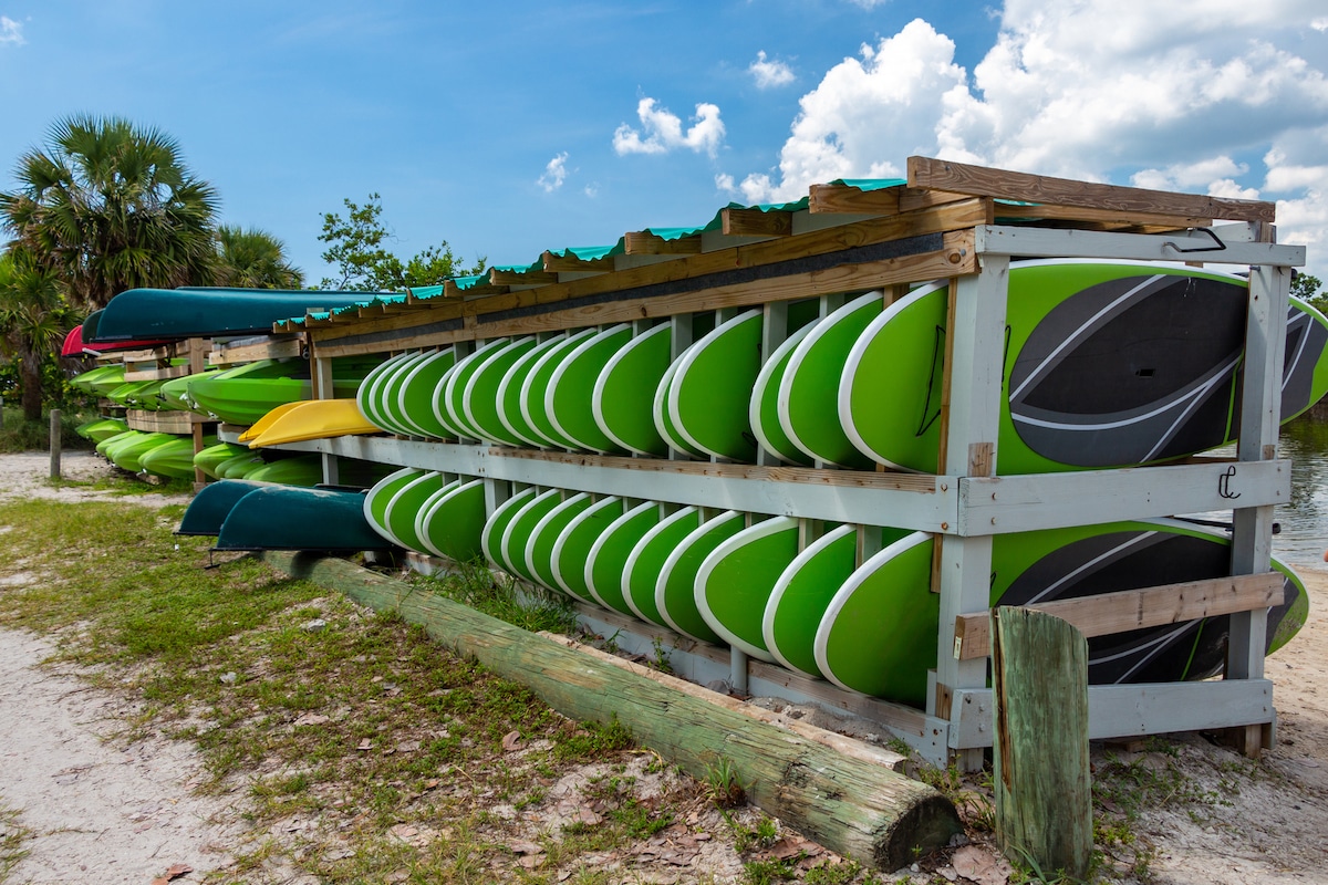 Rows of paddleboards, kayaks and canoes for rent
