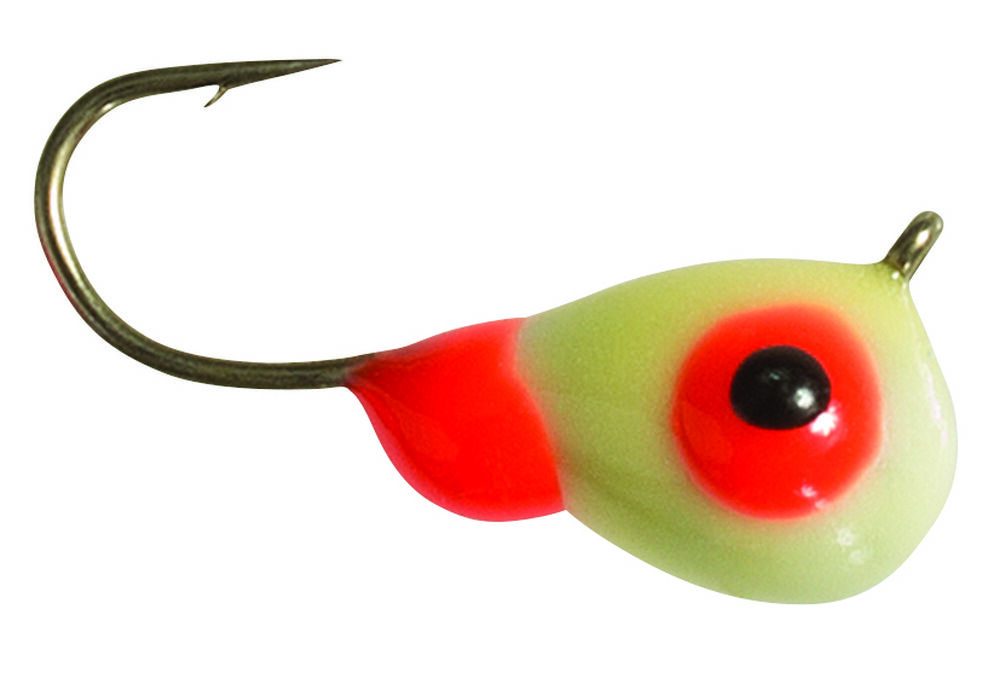 glow in the dark yellow and red fishing jig with eye